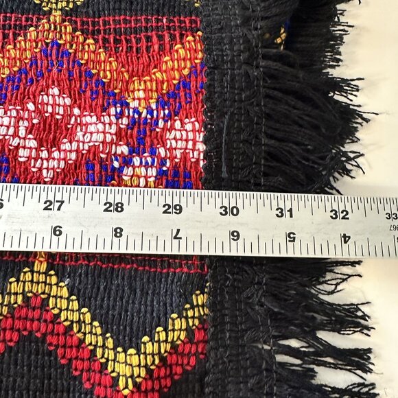 Mexican Textiles Knit Poncho Fringe Geometric Red Blue One Size Black Cowl Neck - Picture 5 of 8